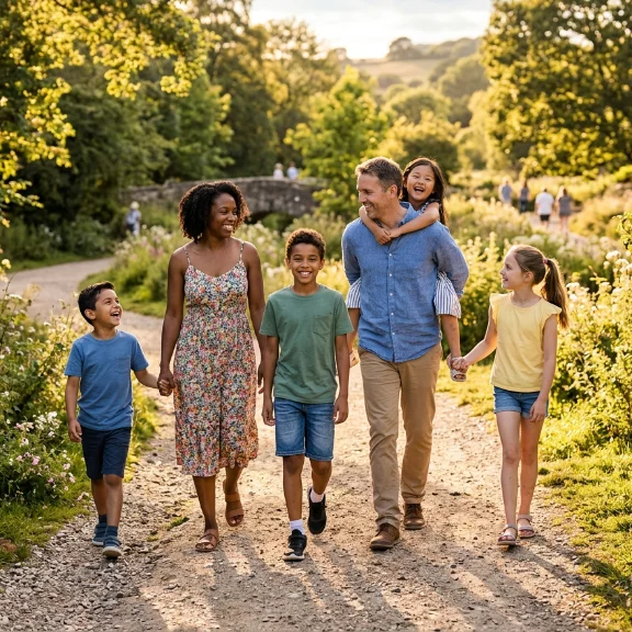 Diverse foster family walking together down a sunny path